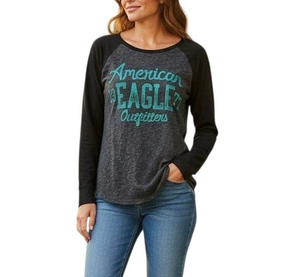 American Eagle Womens Favorite Tee Size M Black Blue Long Raglan Sleeve